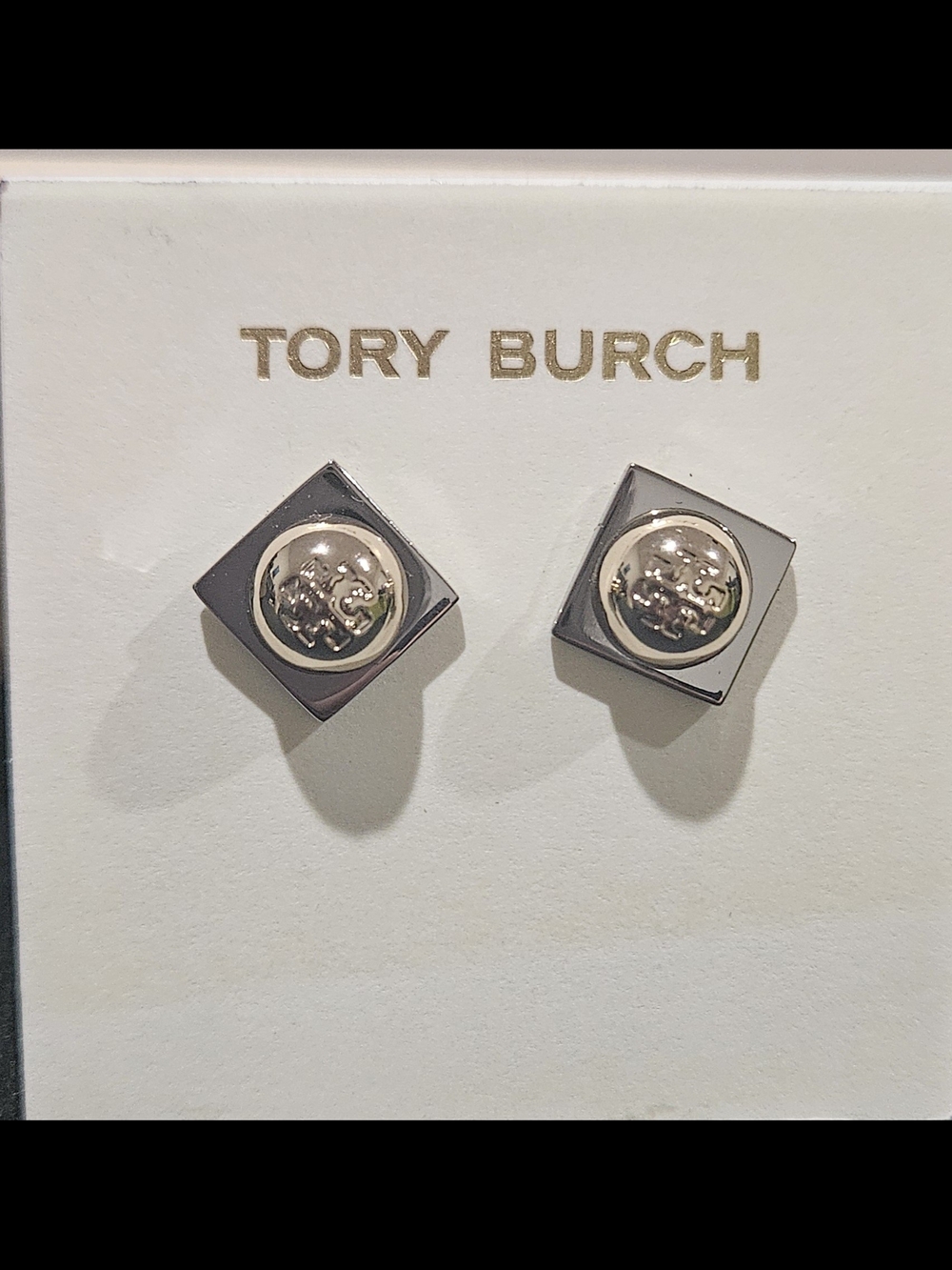 Tory Burch Silver-Tone Square Logo Stud Earrings